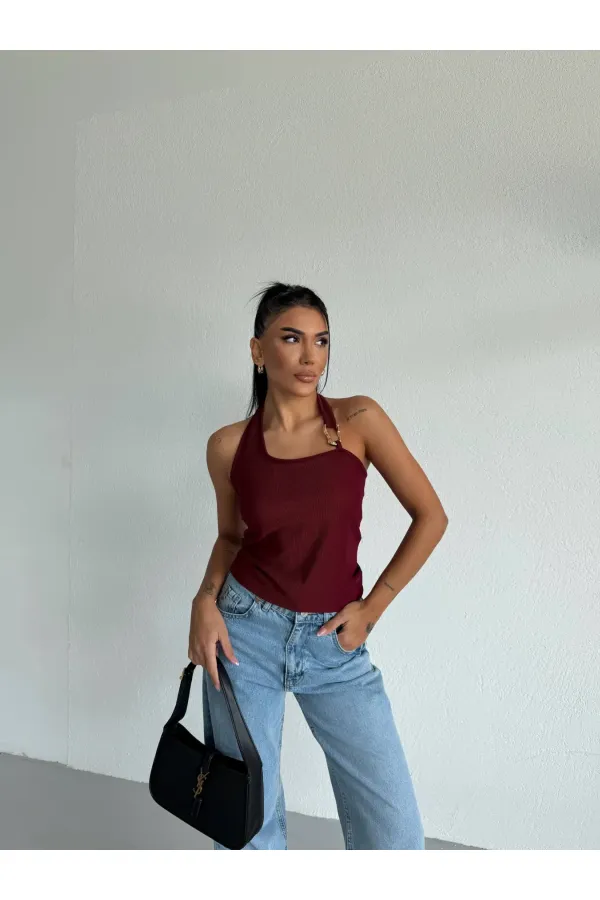 Kadın Bordo Ottoman Kumaş Halter Yaka Toka Detay Bluz HZL26W-FRY123321