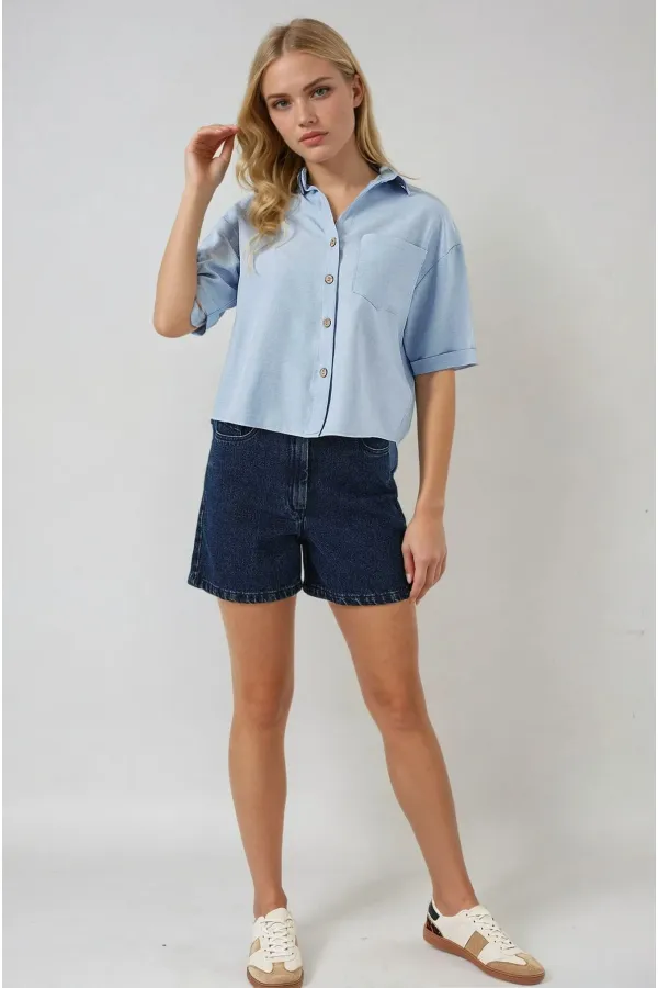 Kadın Mavi Keten Görünümlü Crop Gömlek HZL25S-BD1203391