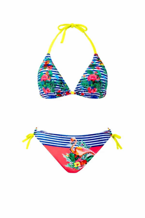 Kız Çocuk Mavi Pembe Flamingo Glow Desenli  6-14 Yaş Üçgen Bikini Takım HZL26S-LC9018