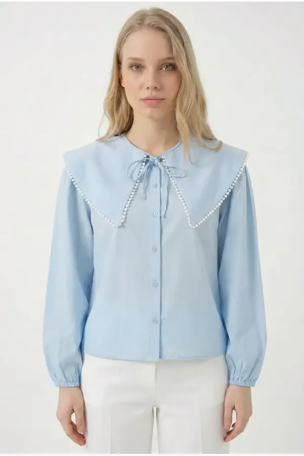 Kadın Açık Mavi Bebe Yaka Düğmeli Şık Günlük Gömlek HZL26S-BD1203141