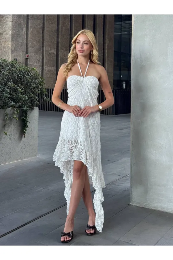Women's White Halter Neck Strapless Asymmetrical Lined Lace Dress HZL25S-ZK13671