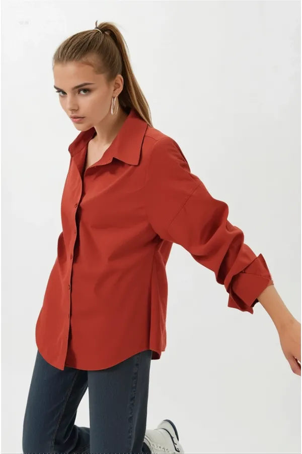 Kadın Kiremit Oversize Uzun Basic Gömlek HZL22W-BD139001
