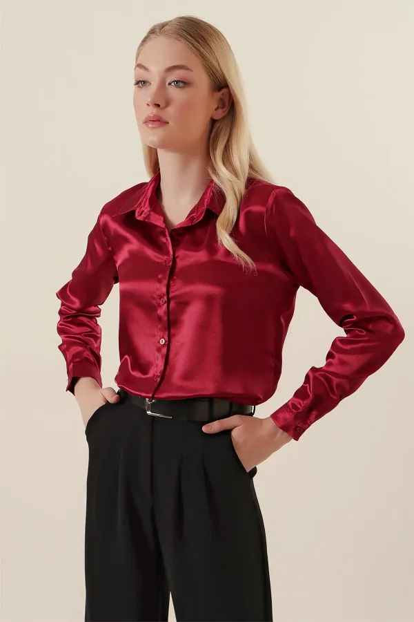 3964 Lightly Draped Satin Shirt - Plum