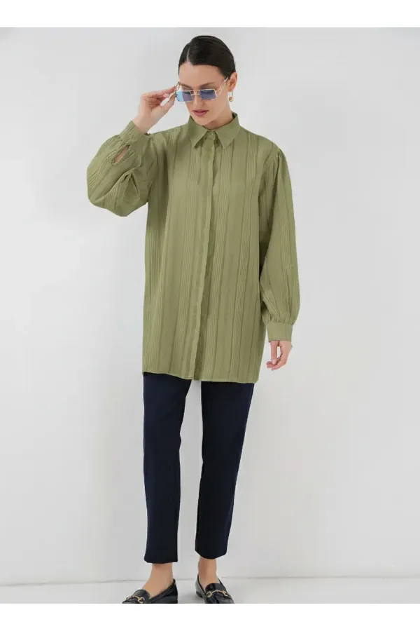 Çizgili Uzun Gömlek Tunik 5947 - Çağla