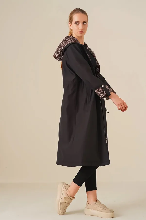 Trench-coat long à capuche et cordon de serrage pour femme, noir, motif léopard, HZL22W-BD190911