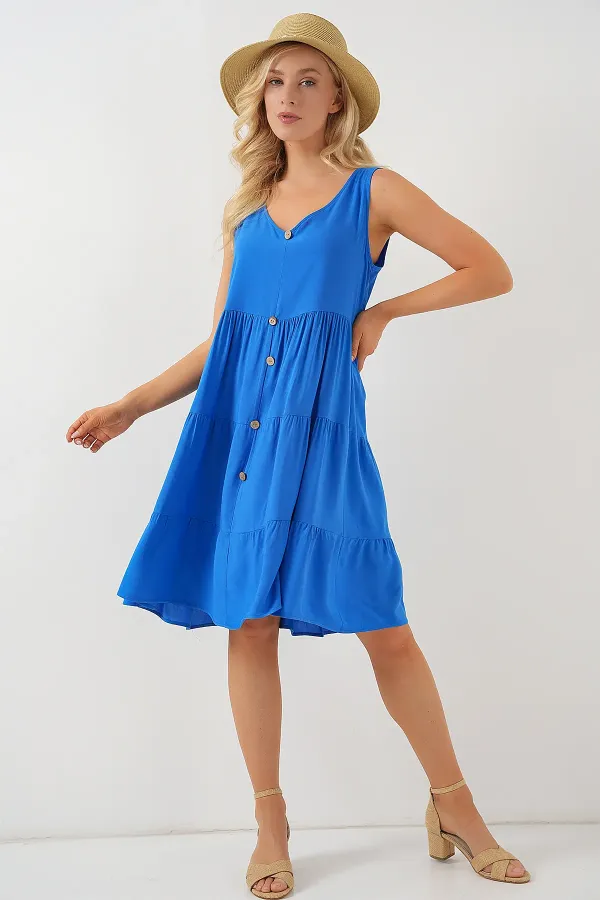 Robe courte boutonnée sans manches pour femme 2571 - Bleu marine