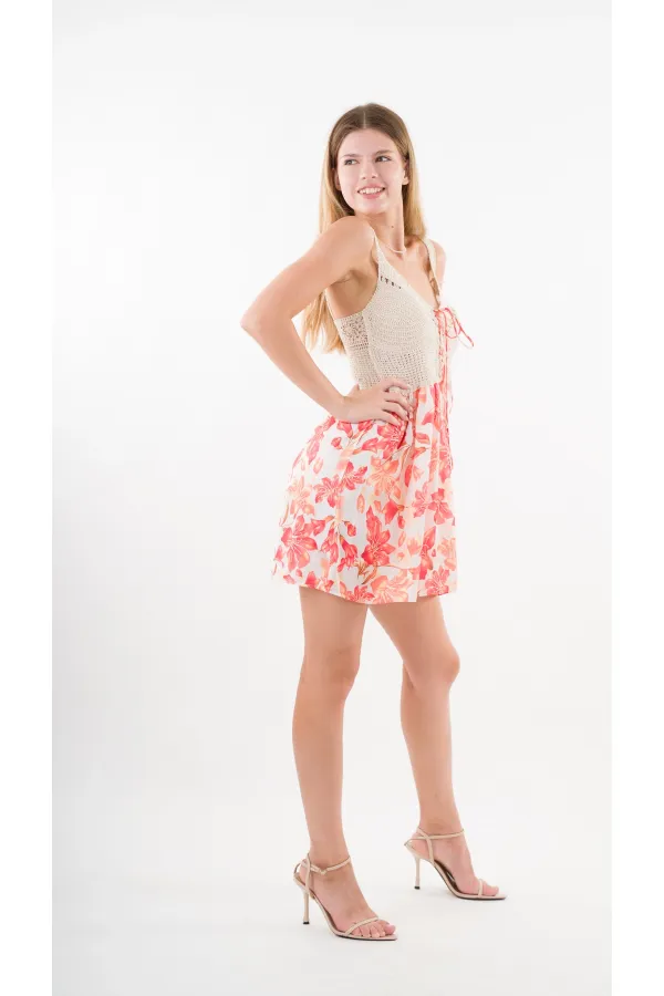 Women's Orange Front Rope Tie Openwork Satin Surface Mini Dress HZL24S-YY250