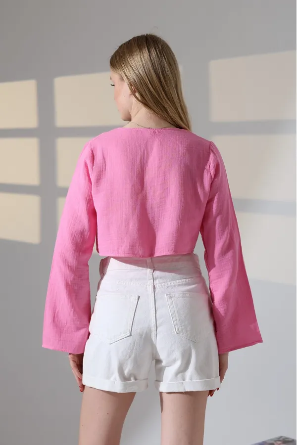 Kadın Pembe Önden Bağlamalı Müslin Kumaş Crop Bluz HZL25S-DSB104071