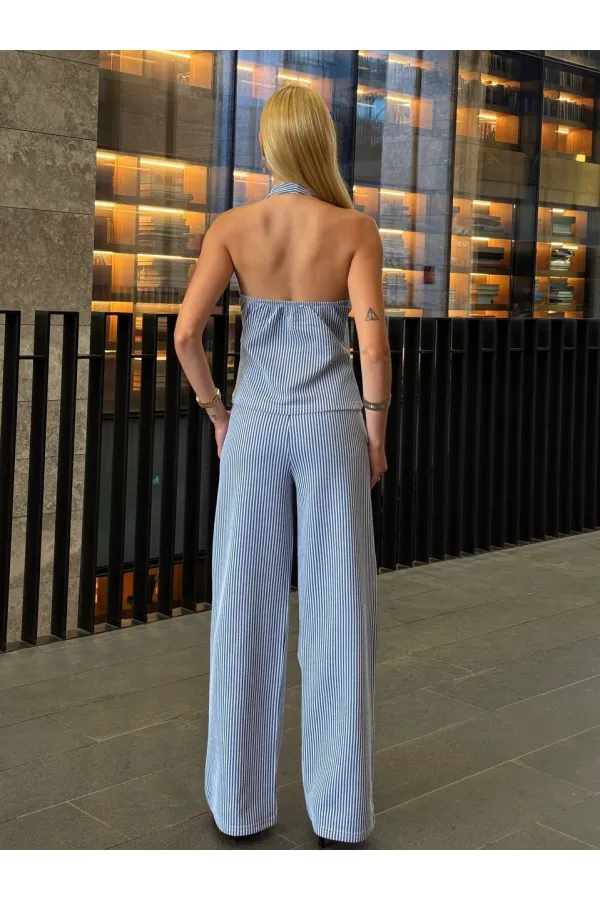 Kadın İndigo Çizgili Önü Fermuarlı Bluz Pantolon İkili Takım HZL25S-ZK13691
