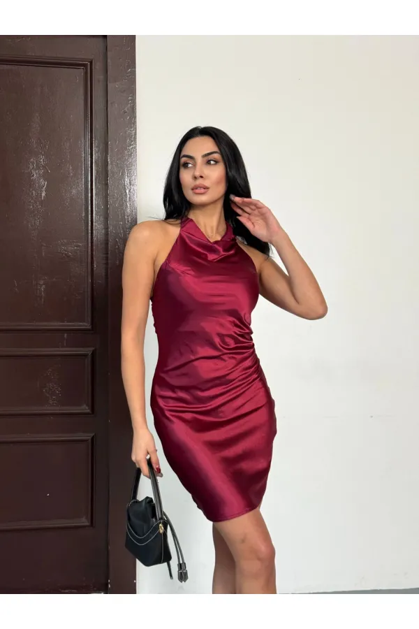 Women's Burgundy Halter Neck Satin Fabric Backless Mini Dress HZL26W-FRY123631