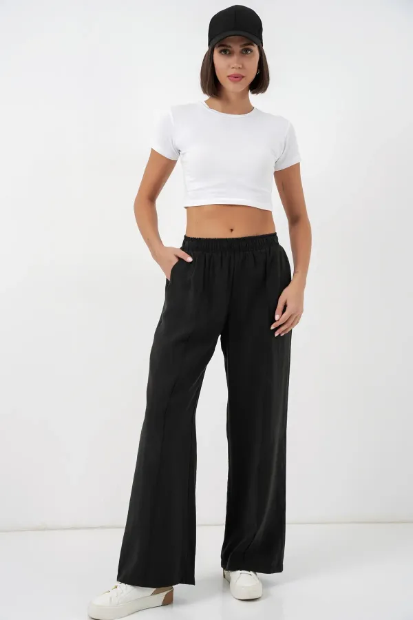 Pantalon large pour femme avec taille élastique 30087 - Noir
