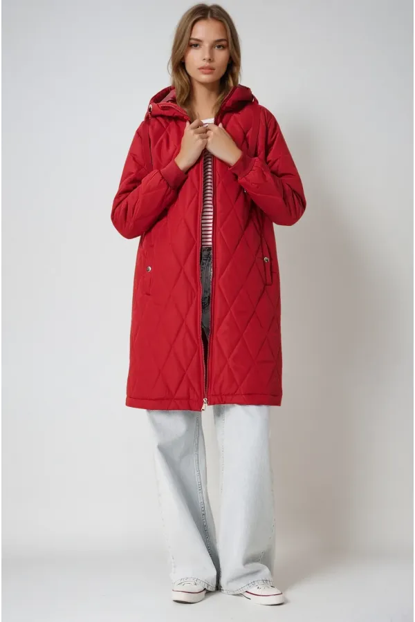 Kadın Bordo Kapitone Uzun Şişme Mont HZL22W-BD151381