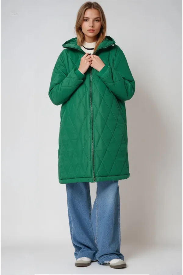 Kadın Zümrüt Yeşili Kapitone Uzun Şişme Mont HZL22W-BD151381