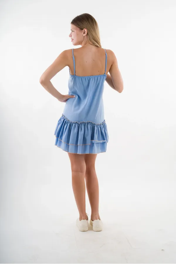 Kadın Mavi V Yaka İp Askılı Eteği Pileli Güpür Detaylı Elbise HZL24S-YY244