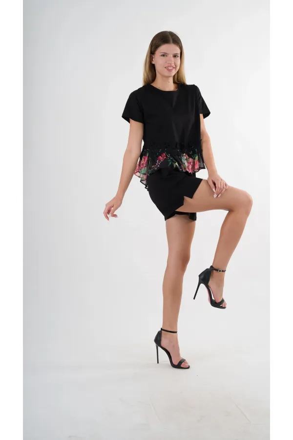 Kadın Siyah Dantel Çiçek Desenli Bisiklet Yaka Bluz HZL24S-YY256