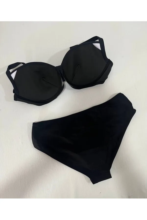 Kadın Siyah Taş İşlemeli Astarlı Büyük Beden Bikini Takımı HZL25S-LC01