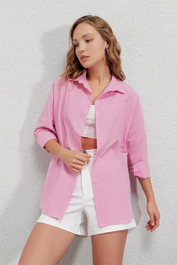 Kadın Pembe Oversize Uzun Basic Gömlek Hzl22w-bd139001