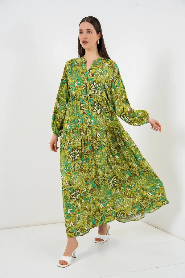 Kadın Desenli Uzun Tesettür Elbise 2585 - G.Yeşil