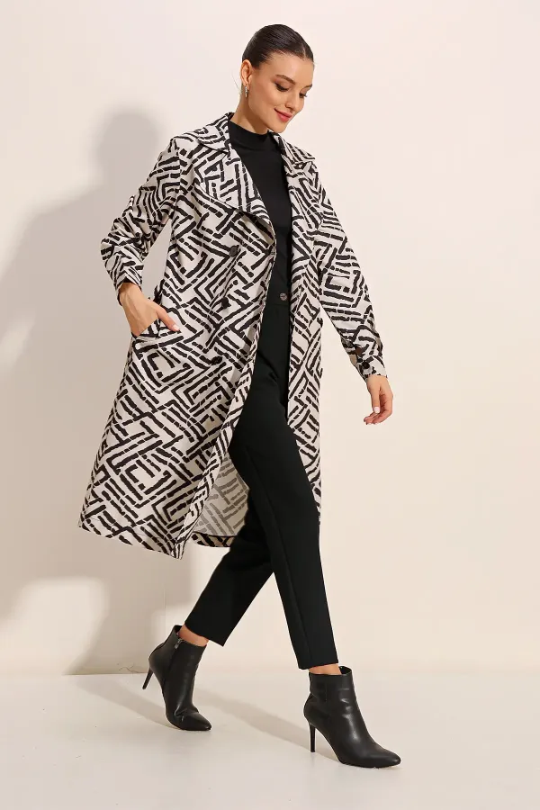 5853 Patterned Double-Breasted Trench Coat - Dark White