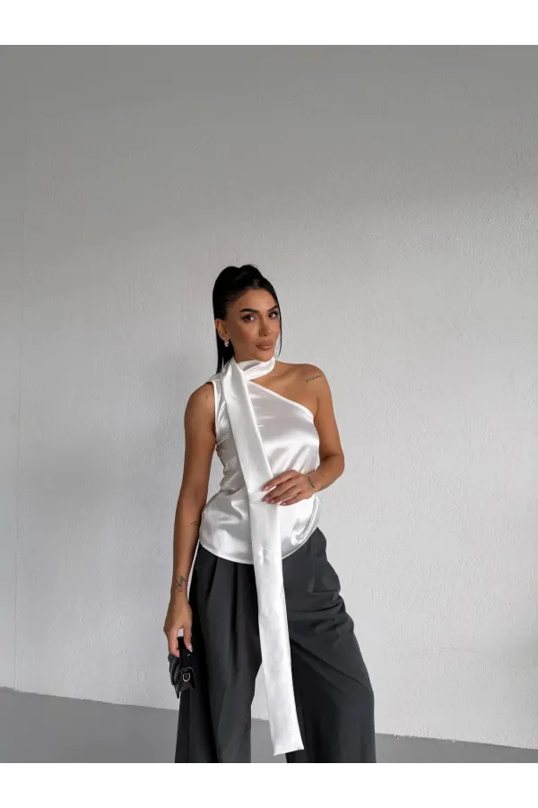 Chemisier asymétrique en satin blanc pour femme, col châle et encolure à nouer HZL26W-FRY123731