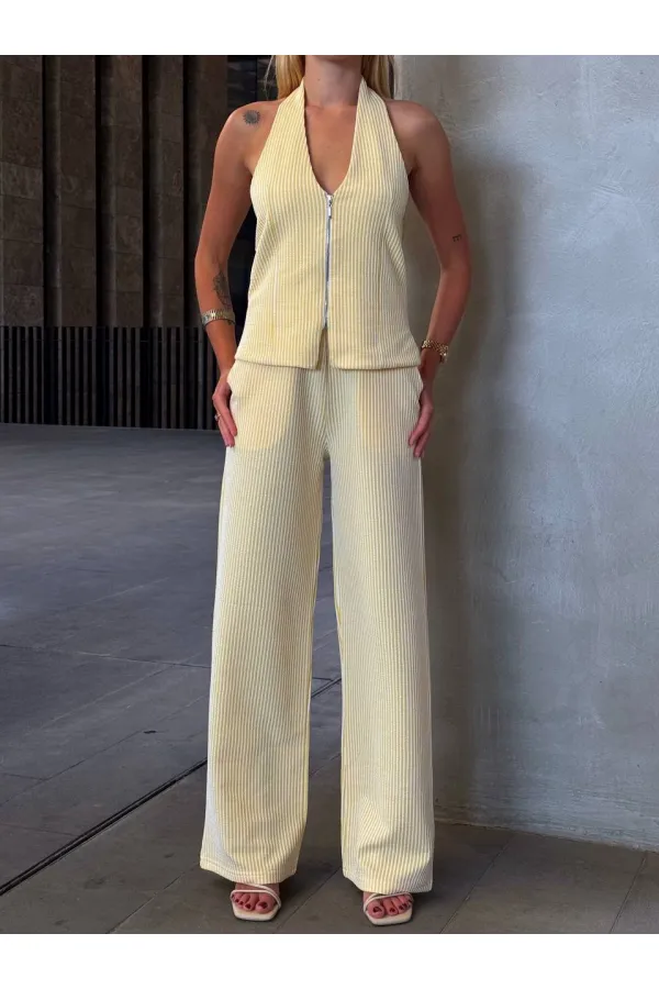 Kadın Sarı Çizgili Önü Fermuarlı Bluz Pantolon İkili Takım HZL25S-ZK13691