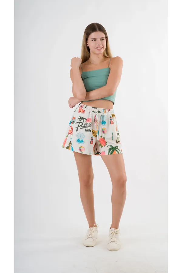 Kadın Çok Renkli Beli Lastikli Ve Bağlamalı Cepli Şort HZL24S-YY226