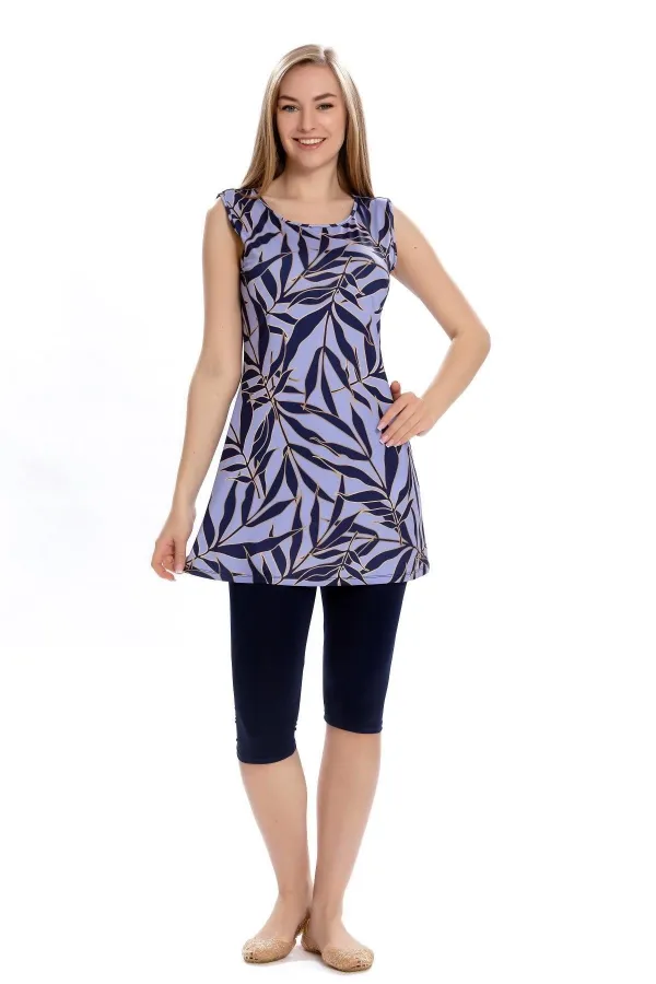 Maillot de bain semi-couvrant sans manches pour femme, couleur lilas bleu marine, HZL25S-AR151/501