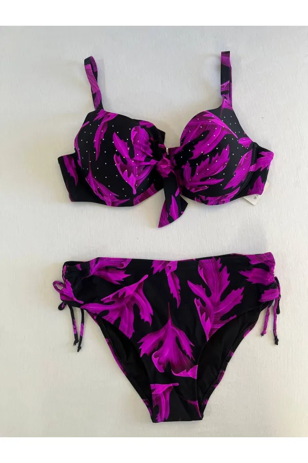 Kadın Siyah Mor Taş İşlemeli Büyük Beden Bikini Takım HZL25S-LC3337