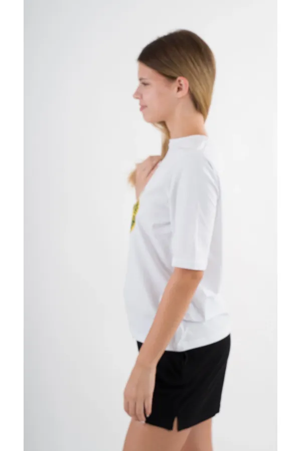 Women's White Yellow Banana House Printed Crew Neck T-Shirt HZL24S-YY302