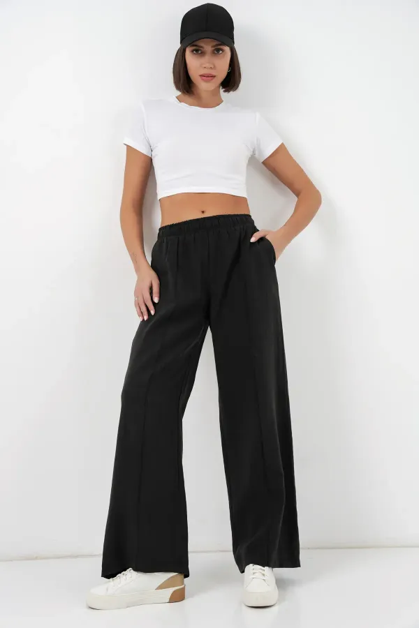 Pantalon large pour femme avec taille élastique 30087 - Noir