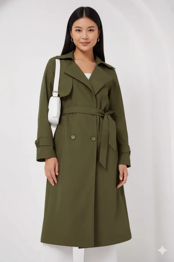 Women's Khaki Double-Breasted Belted Lined Trench Coat HZL25W-BD159181