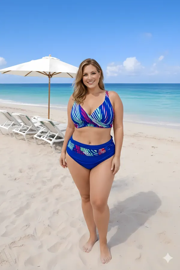 Ensemble bikini doublé bleu multicolore grande taille pour femme HZL25S-LC21202