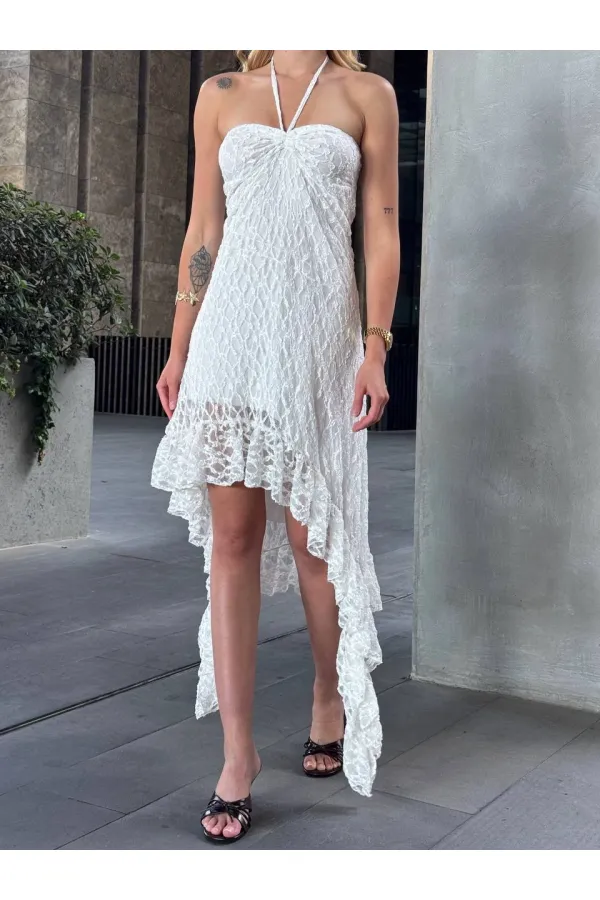 Women's White Halter Neck Strapless Asymmetrical Lined Lace Dress HZL25S-ZK13671