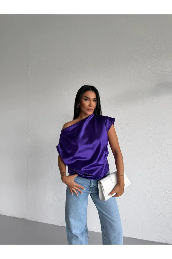 Kadın Mor Tek Omuz Asimetrik Kesim Saten Bluz HZL26W-FRY121171