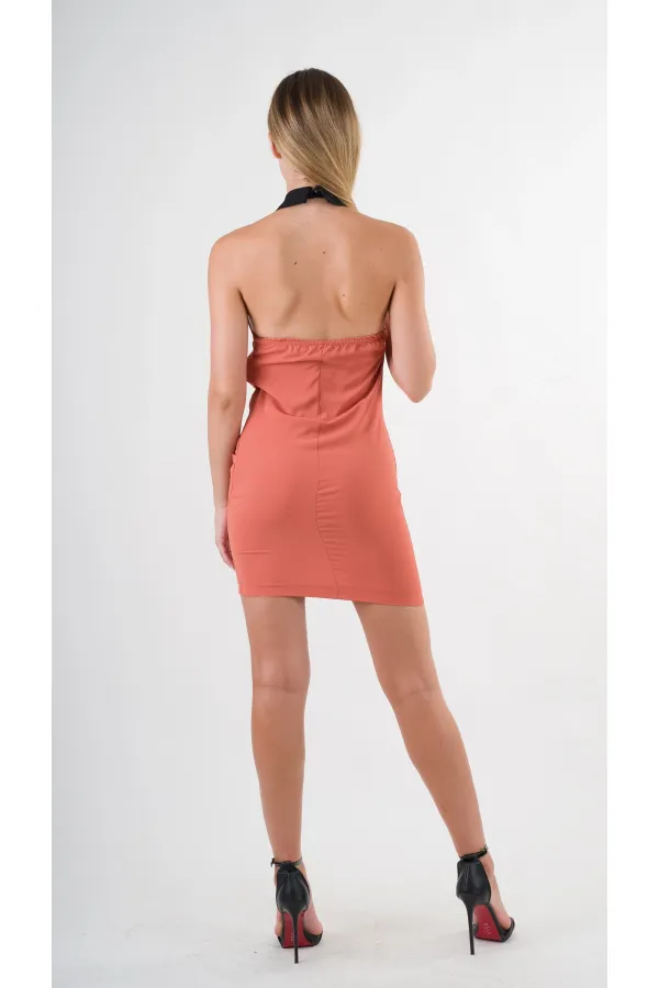 Kadın Kiremit Halter Yaka Saten Kumaş Sırt Dekolteli Mini Elbise HZL24S-YY262