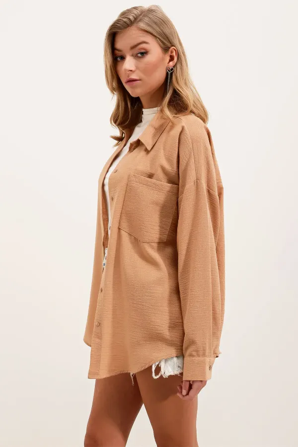 20153 Tek Cepli Oversize Keten Gömlek - Bisküvi