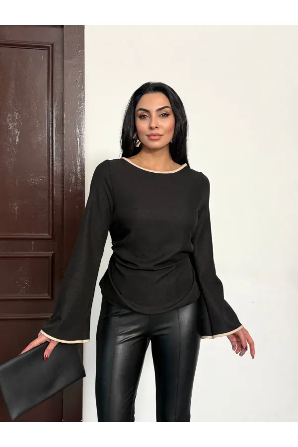 Kadın Siyah İp Bağlamalı Biye Detaylı Uzun Kollu Keten Bluz HZL25W-FRY123691