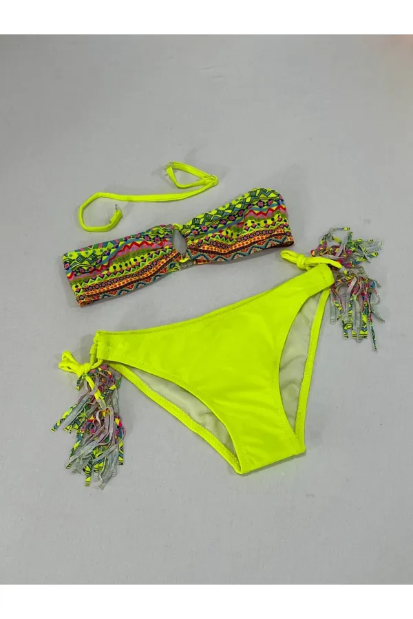 Ensemble bikini triangle jaune à doublure multicolore pour fille, 4-12 ans, HZL24S-LC1904