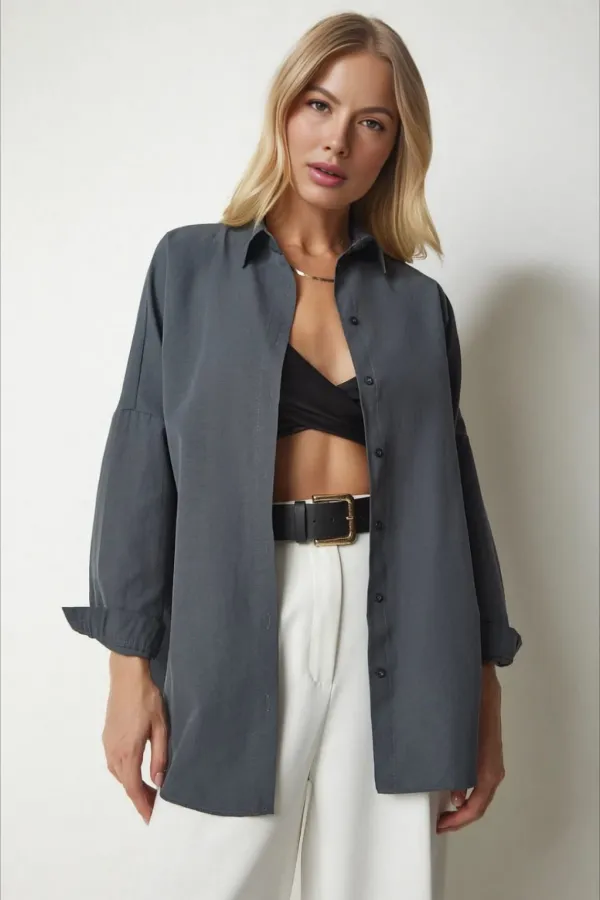 Kadın Antrasit Geniş Kalıp Uzun Basic Gömlek HZL24W-BD139001