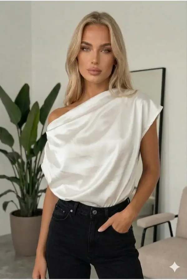 Women's White One-Shoulder Asymmetrical Satin Blouse HZL26W-FRY121171