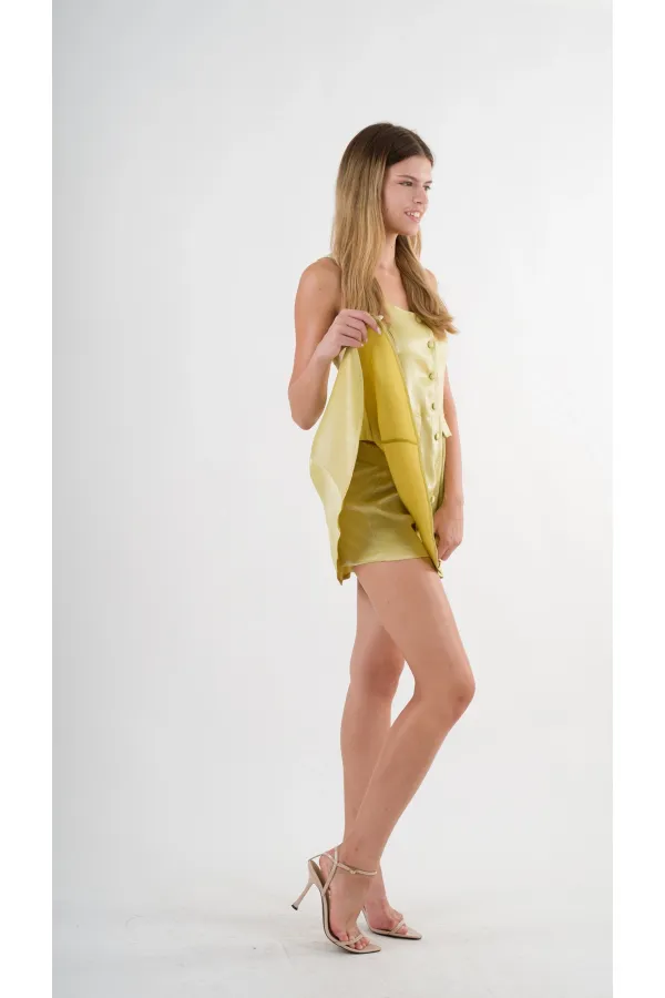 Women's Pistachio Green Straped Front Buttoned Pocket Elastic Waist Shorts Dress HZL24S-YY197