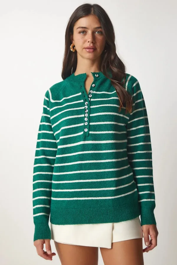 Pull rayé vert persan clair à manches ballon et col boutonné pour femme HZL23W-BD1101491