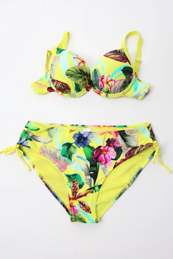 Women's Yellow Leaf Patterned Strappy High Waist Shapewear Bikini Set HZL24S-LC22625