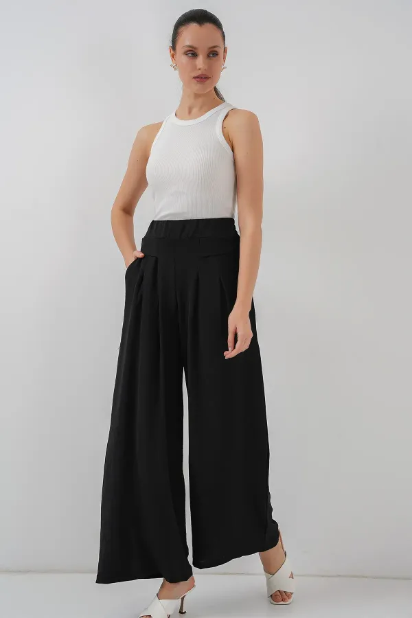 Pantalon plissé à jambes larges pour femme 6718 - Noir