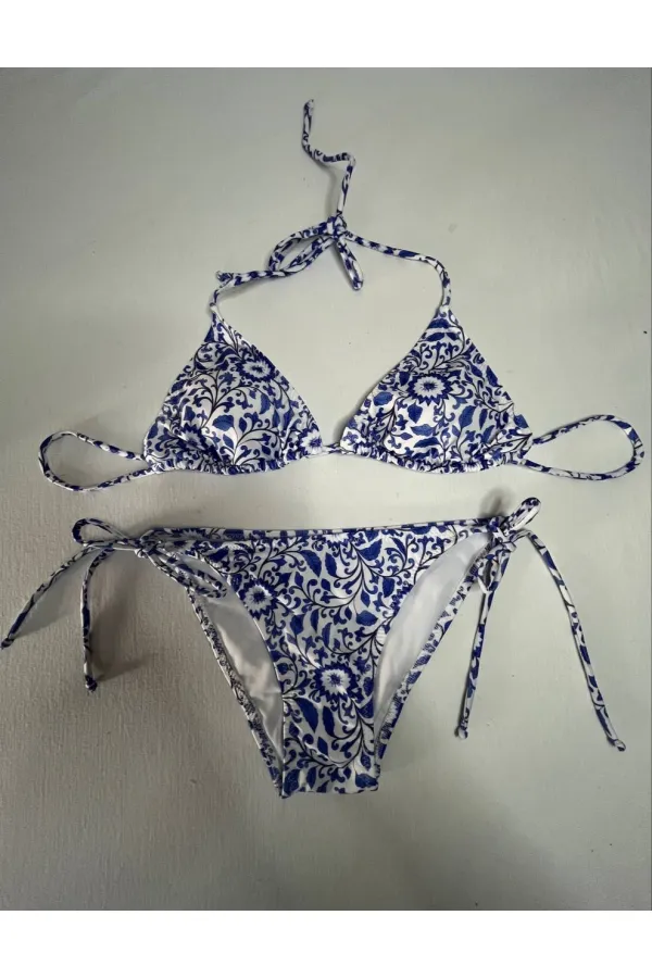 Women's Tile Pattern Blue White Patterned Neckline Triangle Bikini Set HZL25S-LC5005