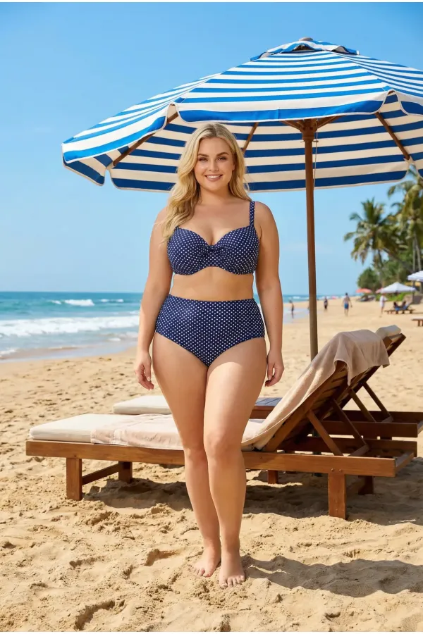 Kadın Lacivert Puantiyeli  Yüksel Bel Toparlayıcı  Astarlı Bikini Takım HZL26S-LC2217