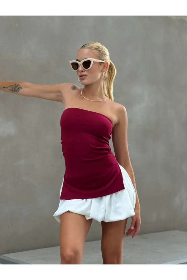 Kadın Bordo Yanı Büzgülü Çift Yırtmaçlı Straplez Bluz HZL24S-ZK13091