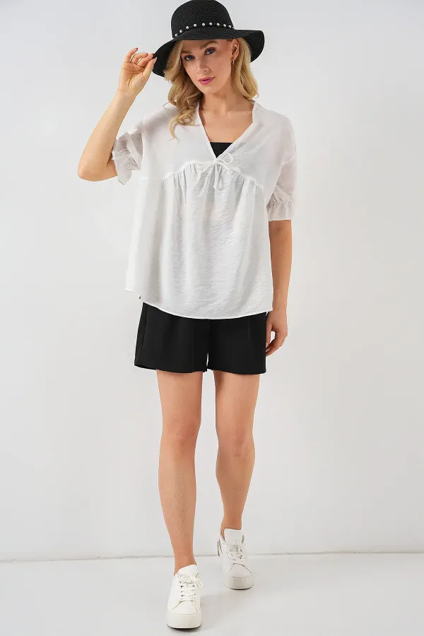 Women's Front Lace-Up Short-Sleeve Blouse 962 - White