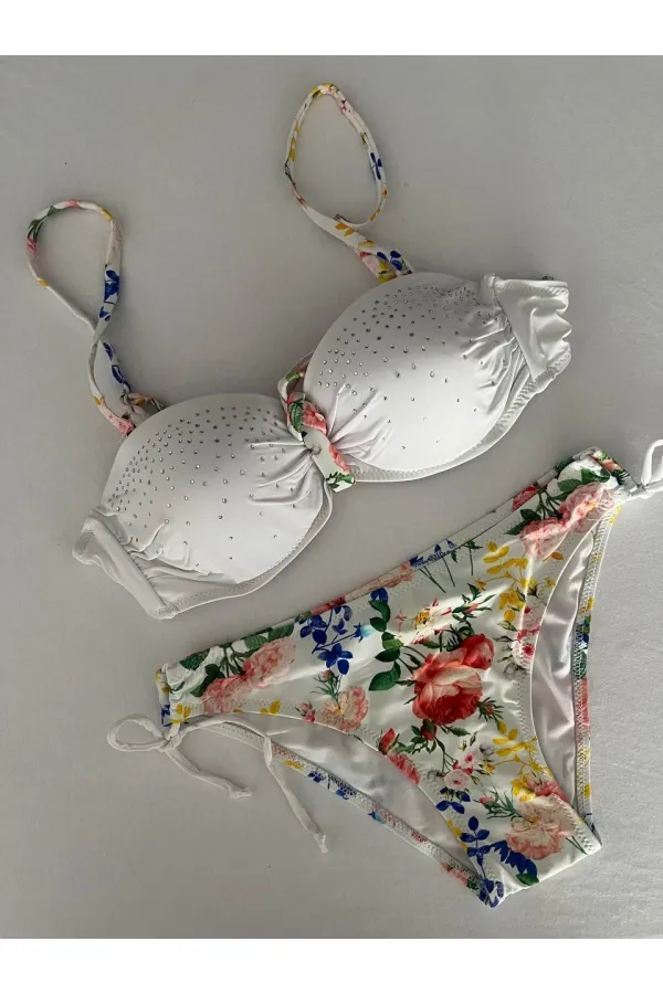 Ensemble bikini doublé brodé de pierres blanches pour femme HZL25S-LC208