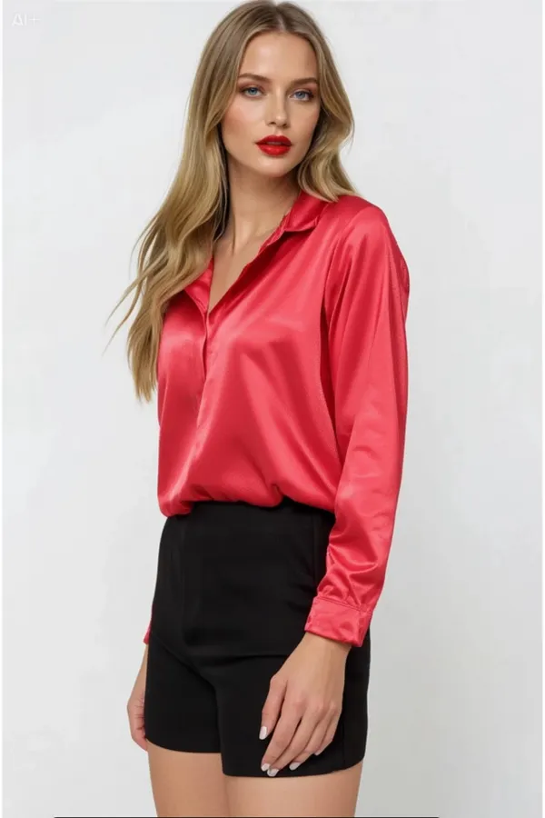 Kadın Kırmızı Hafif Dökümlü Saten Yüzeyli Gömlek HZL22W-BD139641